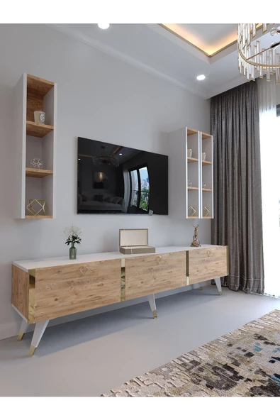 Myniture Home & Living Festival Tv Ünitesi G3007-6-1 BEYAZ ATLANTİK SİLVER COLOR Tv Sehpası ve Duvar Rafı - 1