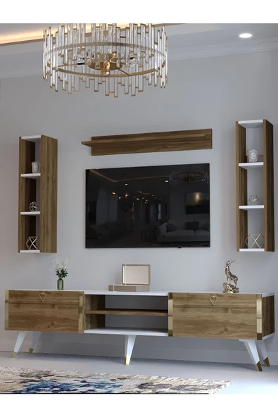 Myniture Home & Living Festival Tv Ünitesi G3009-2-1 Ceviz Beyaz Color Gold Tv Sehpası ve Duvar Rafı - Resim 3