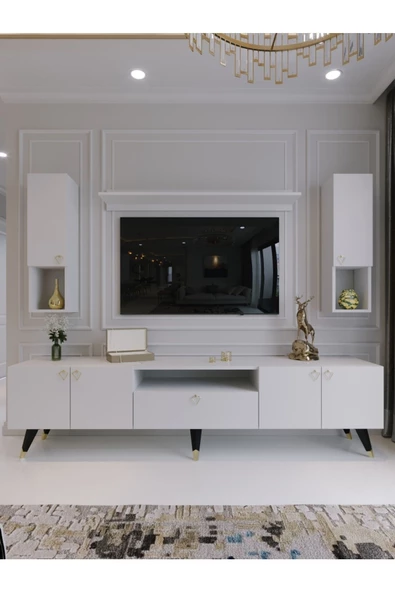 Myniture Home & Living Modern Tv Sehpası Gold Üçgen Kulp Kepli Q8025-1 Beyaz ürün görseli 1