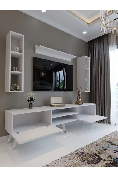 Myniture Home & Living Festival Tv Ünitesi S3009-1 Beyaz Parlak Silver detaylı Minifiks Bağlantı Tv Sehpası ve Duvar Rafı - Resim 3