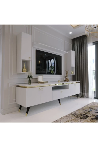 Myniture Home & Living Modern Tv Sehpası Gold Üçgen Kulp Kepli G9025-1 Beyaz 35 Cm Derinlik ürün görseli 1