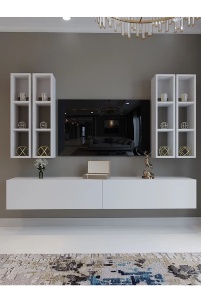 Myniture Home & Living Festival Tv Sehpası Q6401-1 Beyaz Parlak Minifiks Bağlantı Duvara Monte Tv Ünitesi - 2