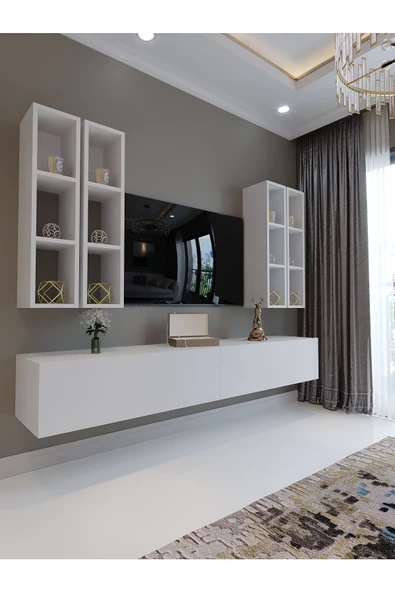 Myniture Home & Living Festival Tv Sehpası Q6401-1 Beyaz Parlak Minifiks Bağlantı Duvara Monte Tv Ünitesi