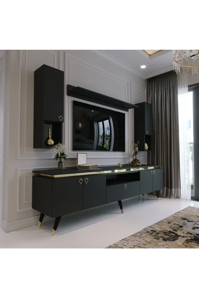 Myniture Home & Living Modern Tv Sehpası Gold Üçgen Kulp Kepli G9025-4 Antrasit 35 Cm Derinlik ürün görseli 1