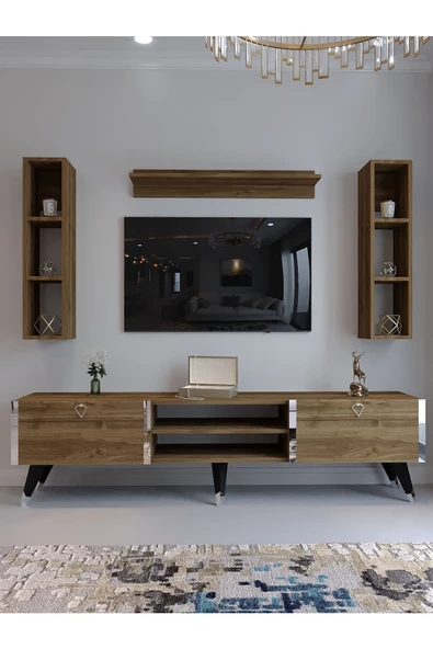 Myniture Home & Living Festival Tv Ünitesi S3009-2 CEVİZ - COLOR Silver detaylı Minifiks Bağlantı Tv Sehpası ve Duvar Rafı - Resim 2