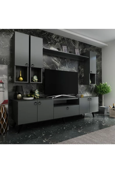 MobilyaFırsat Ideal Tv Ünitesi Duvar Raf Ve Duvar Dolaplı Q7024-4 Antrasit