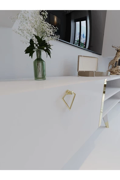 Myniture Home & Living Festival Tv Ünitesi G3001-1 Beyaz Parlak Gold detaylı Minifiks Bağlantı Tv Sehpası ve Duvar Rafı - 4