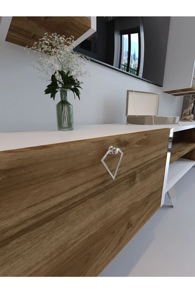 Myniture Home & Living Festival Tv Ünitesi S3001-2-1 CEVİZ BEYAZ  - COLOR SİLVER Tv Sehpası ve Duvar Rafı - Resim 4