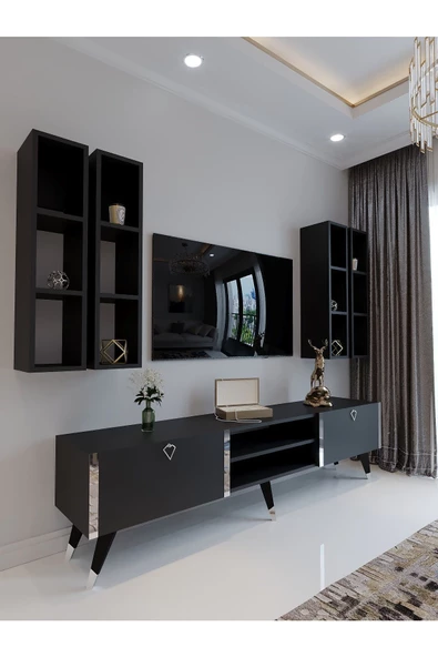 Myniture Home & Living Festival Tv Ünitesi G3001-4 Antrasit - Silver detaylı Minifiks Bağlantı Tv Sehpası ve Duvar Rafı