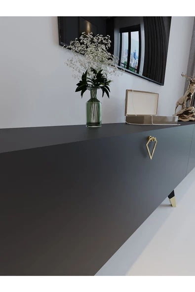 Myniture Home & Living Festival Tv Ünitesi G3011-4 Antrasit Gold detaylı Minifiks Bağlantı Tv Sehpası - Resim 4