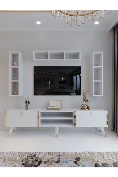 Myniture Home & Living Festival Tv Ünitesi G3006-1 Beyaz Parlak Gold detaylı Minifiks Bağlantı Tv Sehpası ve Duvar Rafı - Resim 2
