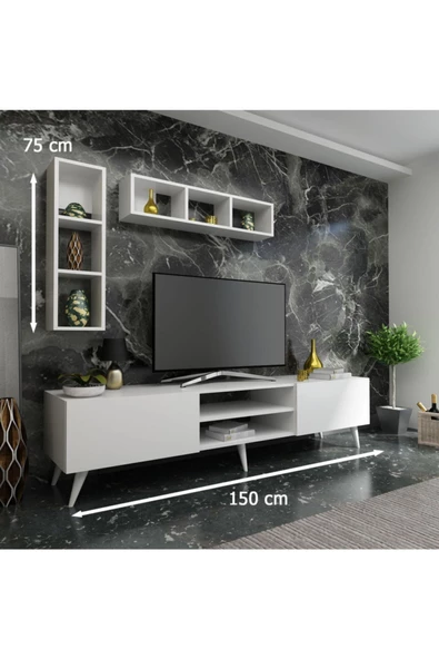MobilyaFırsat Ideal Tv Ünitesi Duvar Raflı Q7805-1 Beyaz - 2