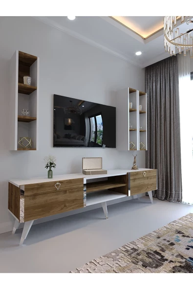 Myniture Home & Living Festival Tv Ünitesi S3006-2-1 CEVİZ BEYAZ  - COLOR SİLVER Tv Sehpası ve Duvar Rafı