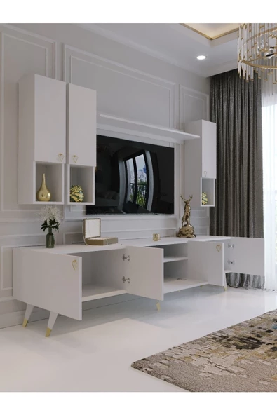 Myniture Home & Living Modern Tv Sehpası Gold Üçgen Kulp Kepli G8024-1-1 Beyaz - Resim 2