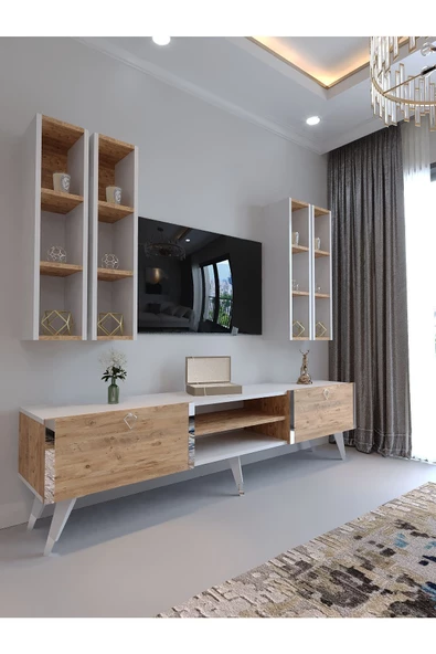 Myniture Home & Living Festival Tv Ünitesi S3001-6-1 BEYAZ ATLANTİK SİLVER COLOR Tv Sehpası ve Duvar Rafı - 1