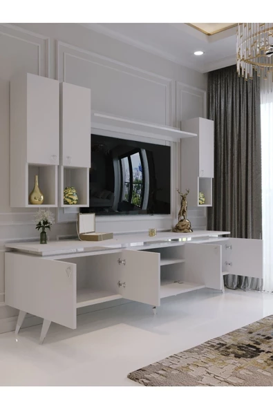 Myniture Home & Living Modern Tv Sehpası Gold Üçgen Kulp Kepli S9024-1-1 Beyaz 35 Cm Derinlik - Resim 2
