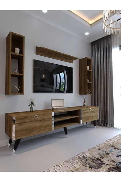Myniture Home & Living Festival Tv Ünitesi S3009-2 CEVİZ - COLOR Silver detaylı Minifiks Bağlantı Tv Sehpası ve Duvar Rafı