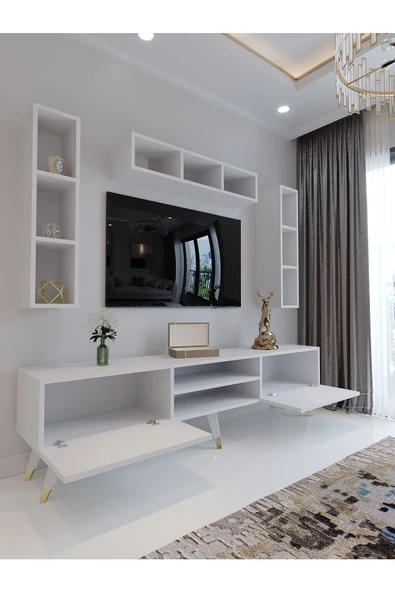 Myniture Home & Living Festival Tv Ünitesi G3006-1 Beyaz Parlak Gold detaylı Minifiks Bağlantı Tv Sehpası ve Duvar Rafı - Resim 3
