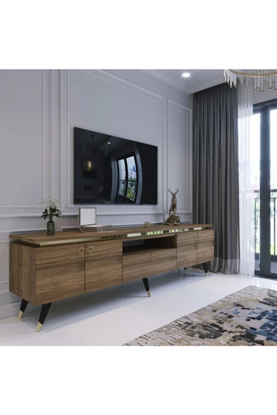 Myniture Home & Living Modern Tv Sehpası Gold Üçgen Kulp Kepli G0m24-2 Ceviz 35 Cm Derinlik ürün görseli 1