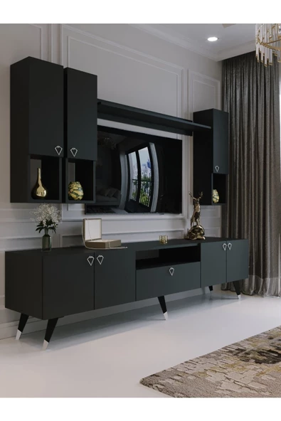 Myniture Home & Living Modern Tv Sehpası Silver Gümüş Üçgen Kulp Kepli S8024-4 Antrasit ürün görseli 1