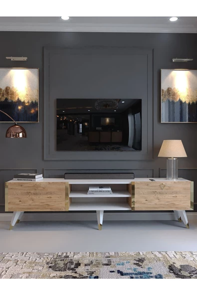 Myniture Home & Living Festival Tv Sehpası G3830-6-1 Gold Beyaz Atlantik Çam - Resim 2