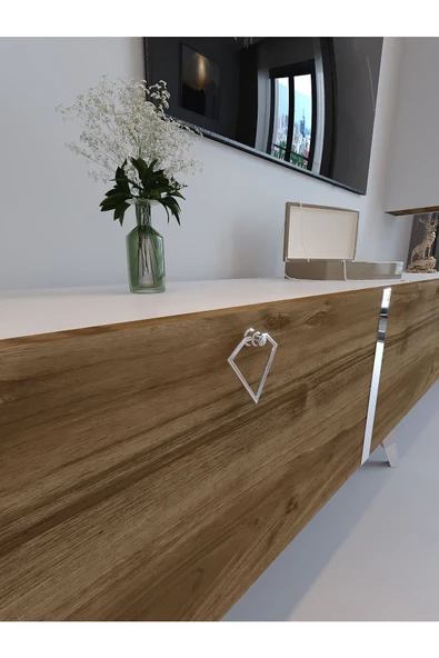 Myniture Home & Living Festival Tv Ünitesi S3008-2-1 CEVİZ BEYAZ  - COLOR SİLVER Tv Sehpası ve Duvar Rafı - Resim 4