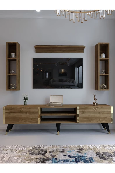 Myniture Home & Living Festival Tv Ünitesi G3009-2 CEVİZ - COLOR Gold detaylı Minifiks Bağlantı Tv Sehpası ve Duvar Rafı - Resim 2
