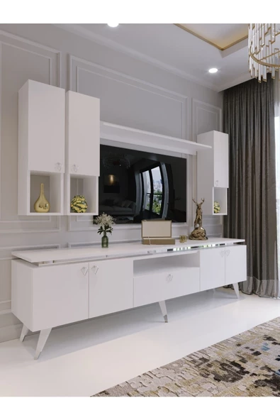 Myniture Home & Living Modern Tv Sehpası Gold Üçgen Kulp Kepli S9024-1-1 Beyaz 35 Cm Derinlik ürün görseli 1