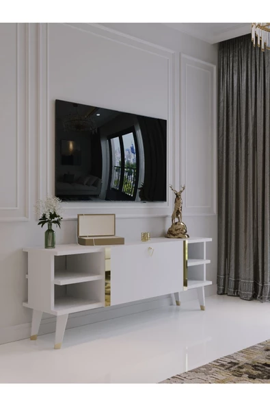 Myniture Home & Living Festival Tv Sehpası G6306-1 Beyaz Parlak Gold detaylı Minifiks Bağlantı Tv Ünitesi ürün görseli 1