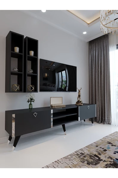 Myniture Home & Living Festival Tv Ünitesi S3000-4 Antrasit - Silver Detaylı Minifiks Bağlantı Tv Sehpası Ve Duvar Rafı