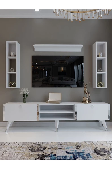 Myniture Home & Living Festival Tv Ünitesi S3009-1 Beyaz Parlak Silver detaylı Minifiks Bağlantı Tv Sehpası ve Duvar Rafı - Resim 2