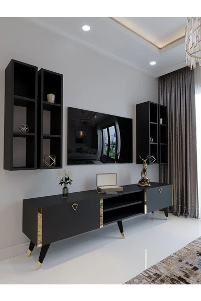 Myniture Home & Living Festival Tv Ünitesi G3001-4 Antrasit - Gold detaylı Minifiks Bağlantı Tv Sehpası ve Duvar Rafı ürün görseli 1