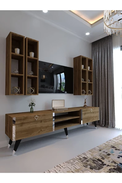 Myniture Home & Living Festival Tv Ünitesi S3001-2 CEVİZ - COLOR Silver detaylı Minifiks Bağlantı Tv Sehpası ve Duvar Rafı