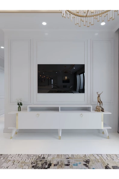 Myniture Home & Living Festival Tv Ünitesi G3012-1 Beyaz Parlak Gold detaylı Minifiks Bağlantı Tv Sehpası