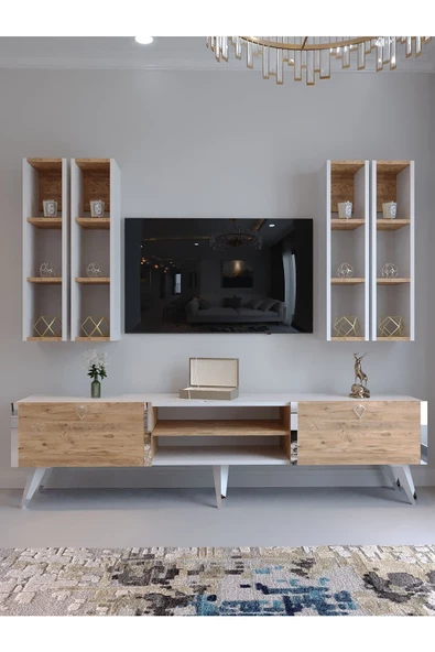 Myniture Home & Living Festival Tv Ünitesi S3001-6-1 BEYAZ ATLANTİK SİLVER COLOR Tv Sehpası ve Duvar Rafı - 2