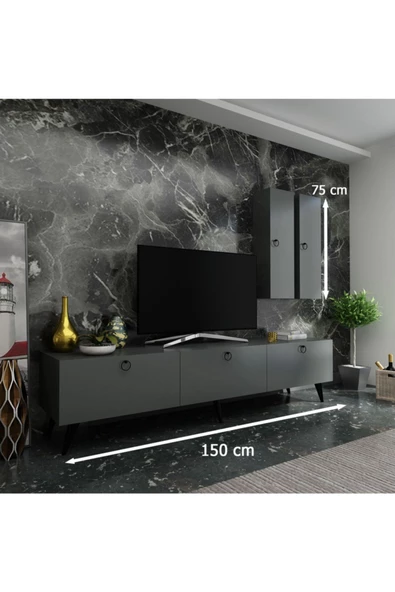 MobilyaFırsat Ideal Tv Ünitesi Duvar Raf Ve Dolaplı Q7819-4 Antrasit - Resim 2