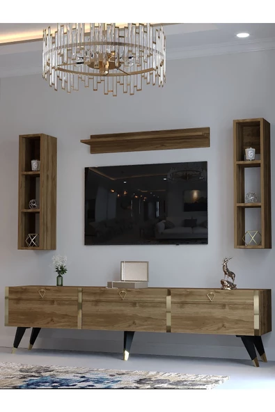 Myniture Home & Living Festival Tv Ünitesi G3008-2 CEVİZ - COLOR Gold detaylı Minifiks Bağlantı Tv Sehpası ve Duvar Rafı - Resim 3