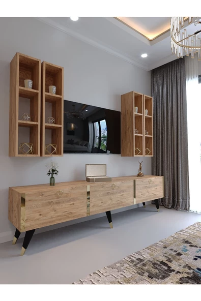 Myniture Home & Living Festival Tv Ünitesi G3002-6 ATLANTİK GOLD COLOR Tv Sehpası ve Duvar Rafı