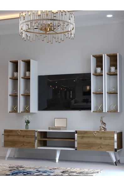 Myniture Home & Living Festival Tv Ünitesi S3001-2-1 CEVİZ BEYAZ  - COLOR SİLVER Tv Sehpası ve Duvar Rafı - Resim 3