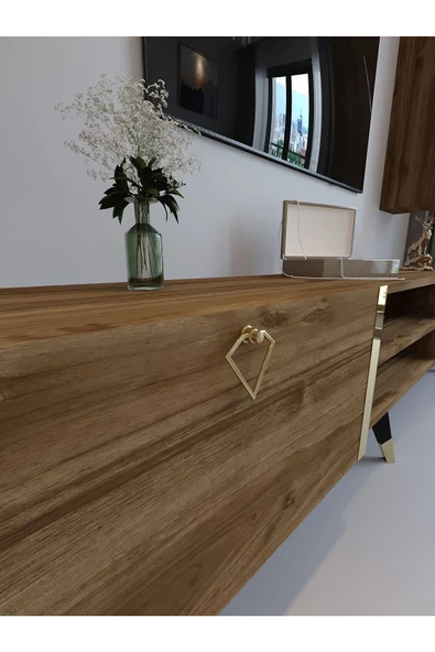 Myniture Home & Living Festival Tv Ünitesi G3009-2 CEVİZ - COLOR Gold detaylı Minifiks Bağlantı Tv Sehpası ve Duvar Rafı - Resim 4