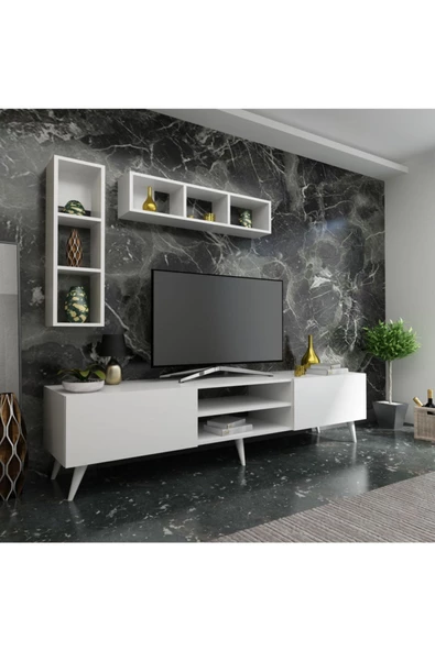 MobilyaFırsat Ideal Tv Ünitesi Duvar Raflı Q7805-1 Beyaz