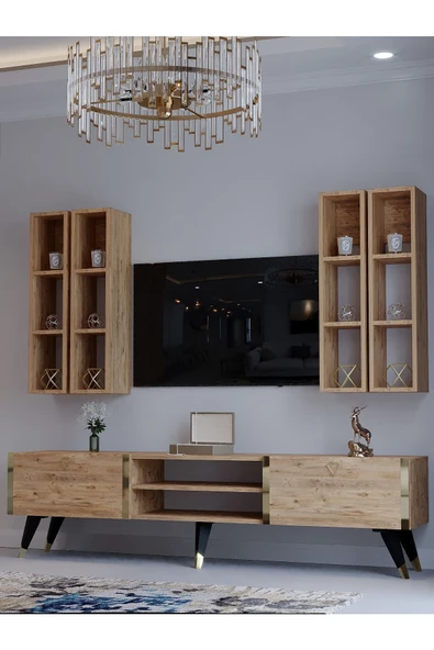 Myniture Home & Living Tv Ünitesi G3001-6 ATLANTİK GOLD COLOR Tv Sehpası ve Duvar Rafı - 3