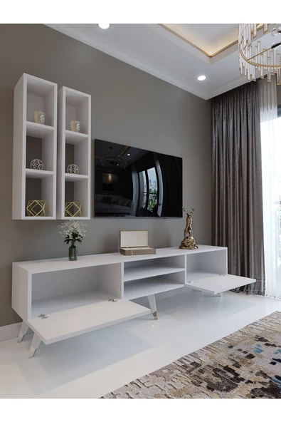 Myniture Home & Living Festival Tv Ünitesi S3000-1 Beyaz Parlak Silver detaylı Minifiks Bağlantı Tv Sehpası ve Duvar Rafı - Resim 3