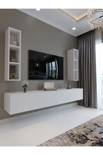 Myniture Home & Living Festival Tv Sehpası Q6401-1 Beyaz Parlak Minifiks Bağlantı Duvara Monte Tv Ünitesi