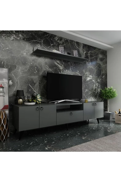 MobilyaFırsat Ideal Tv Ünitesi Duvar Raf Ve Duvar Dolaplı Q7027-4 Antrasit ürün görseli 1