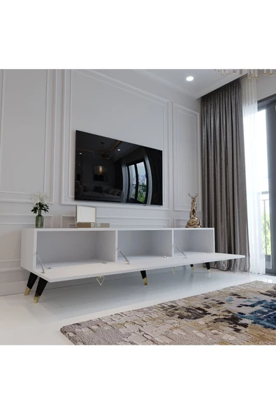 Myniture Home & Living Modern Tv Sehpası Üçgen Kulp Kepli Q8017-1 Beyaz - Resim 3