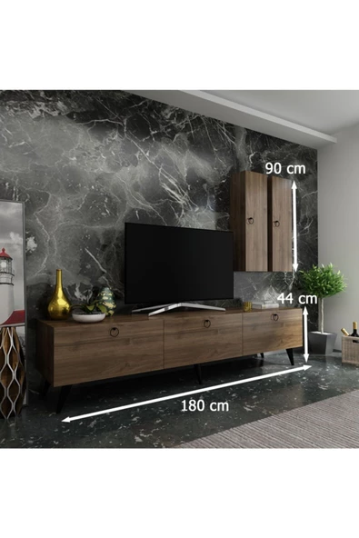 MobilyaFırsat Ideal Tv Ünitesi Duvar Raf Ve Duvar Dolaplı Q7019-2 Ceviz - Resim 2