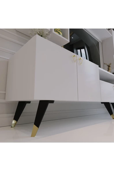 Myniture Home & Living Modern Tv Sehpası Gold Üçgen Kulp Kepli Q8024-1 Beyaz - Resim 4