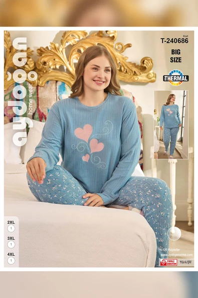 Aydoğan Kadın Suzi Büyük Beden Termal Mavi Pijama Takım 0686 - 3