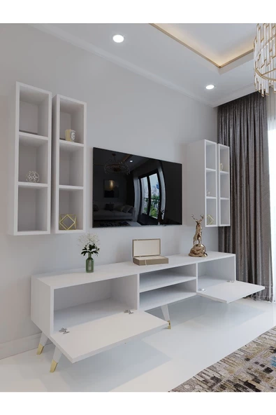 Myniture Home & Living Festival Tv Ünitesi G3001-1 Beyaz Parlak Gold detaylı Minifiks Bağlantı Tv Sehpası ve Duvar Rafı - 3